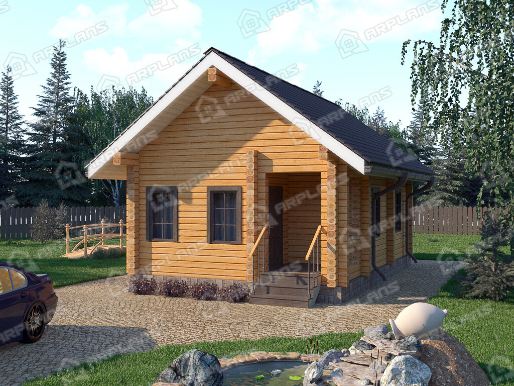 Фото 1 одноэтажного дома из бруса с 2 спальнями и террасой, 40 кв м. Источник arplans.ru Проект ДС-029