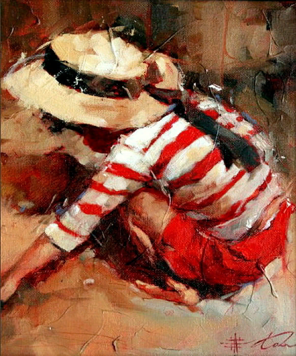 "Мне кажется, его картины похожи на уличные зарисовки, на которые смотришь сквозь залитое водой стекло... схваченная внезапность. Секунда, ставшая вечностью. Они непритязательны. Не требуют почитания, любви, анализа, они просто есть. Галерея обыкновенной улицы, в которой вы вдруг видите что-то прекрасное, изящное и мимолётное... очаровательно и летучее... непосредственное... Люди с картины вас не замечают. Вы будто случайно услышали чьё-то признание, заглянули в кулисы в неловкий момент, нарушили чьё-то уединение."  Мария Сорокопуд