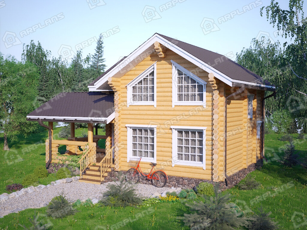 Фото 2 деревянного двухэтажного дома из бревна с мансардой, 2 спальнями и террасой. Общая площадь 101 кв м. Источник arplans.ru Проект ДО-051