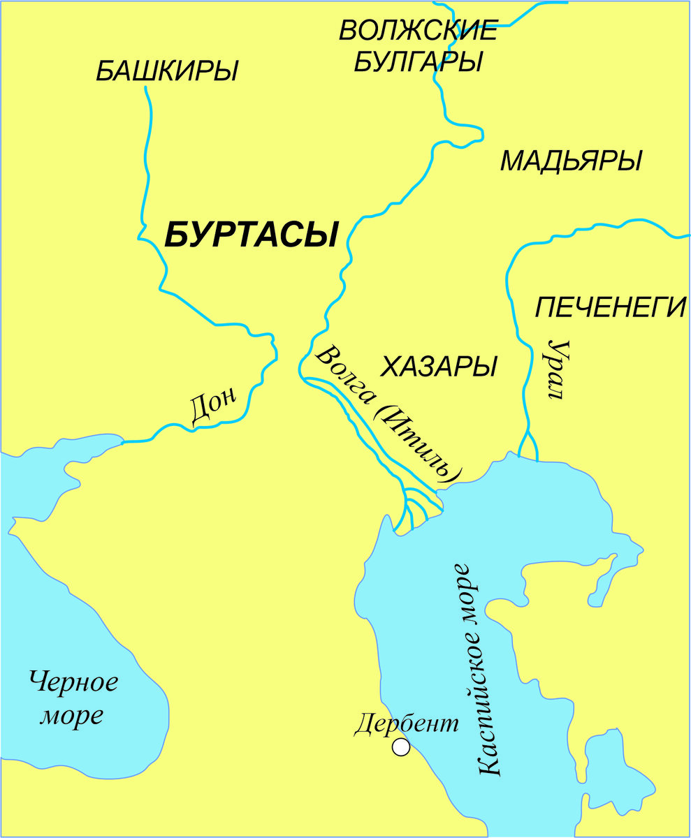 Карта земель, на которых прживали буртасы в начале IX века н. э.