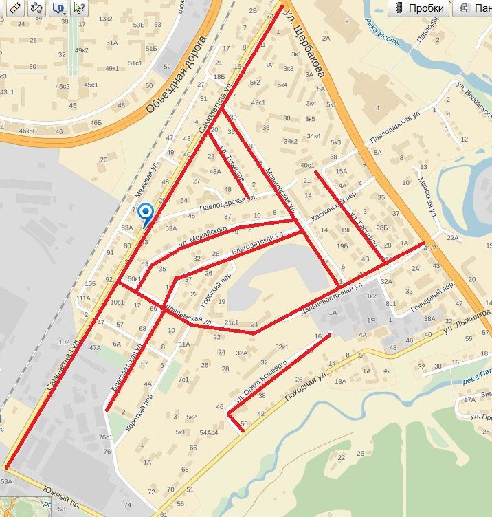 Самолетная - Кварцевая - Можайского - Благодатская - Шишимская - Олега Кошевого - Дальневосточная - Гастелло - Мраморская - Туристов (Екатеринбург) © Яндекс