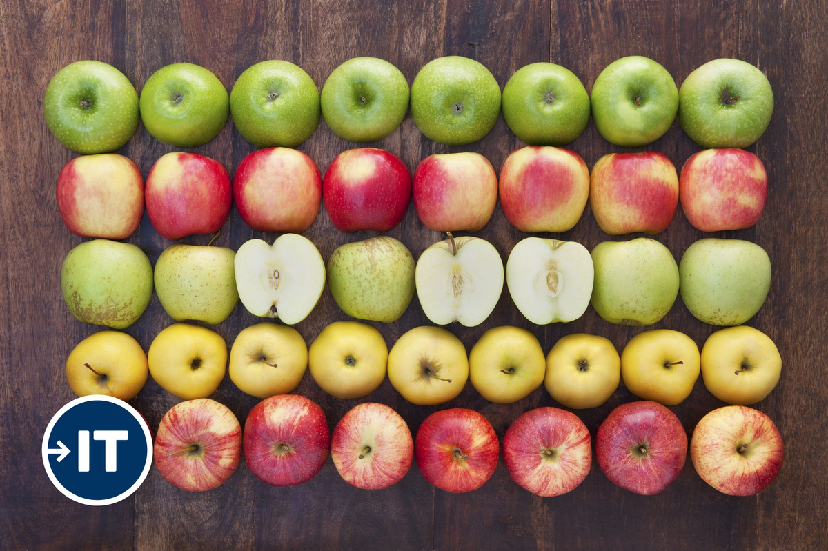Массивы на примере яблок. Пять массивов различного типа яблок, сверху вниз. Каждый массив имеет длину 8 яблок. 