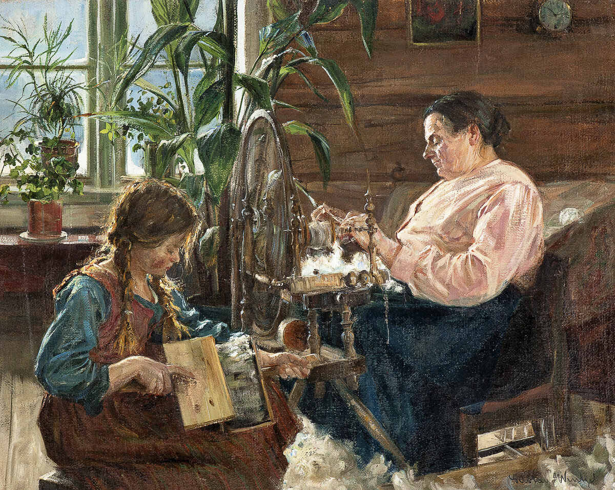 "Женщина прядет, девочка чешет" Нильс Густав Вентцель (Норвегия, 1859-1927) Я такими чёсками тоже орудовала, бабушке помогала.