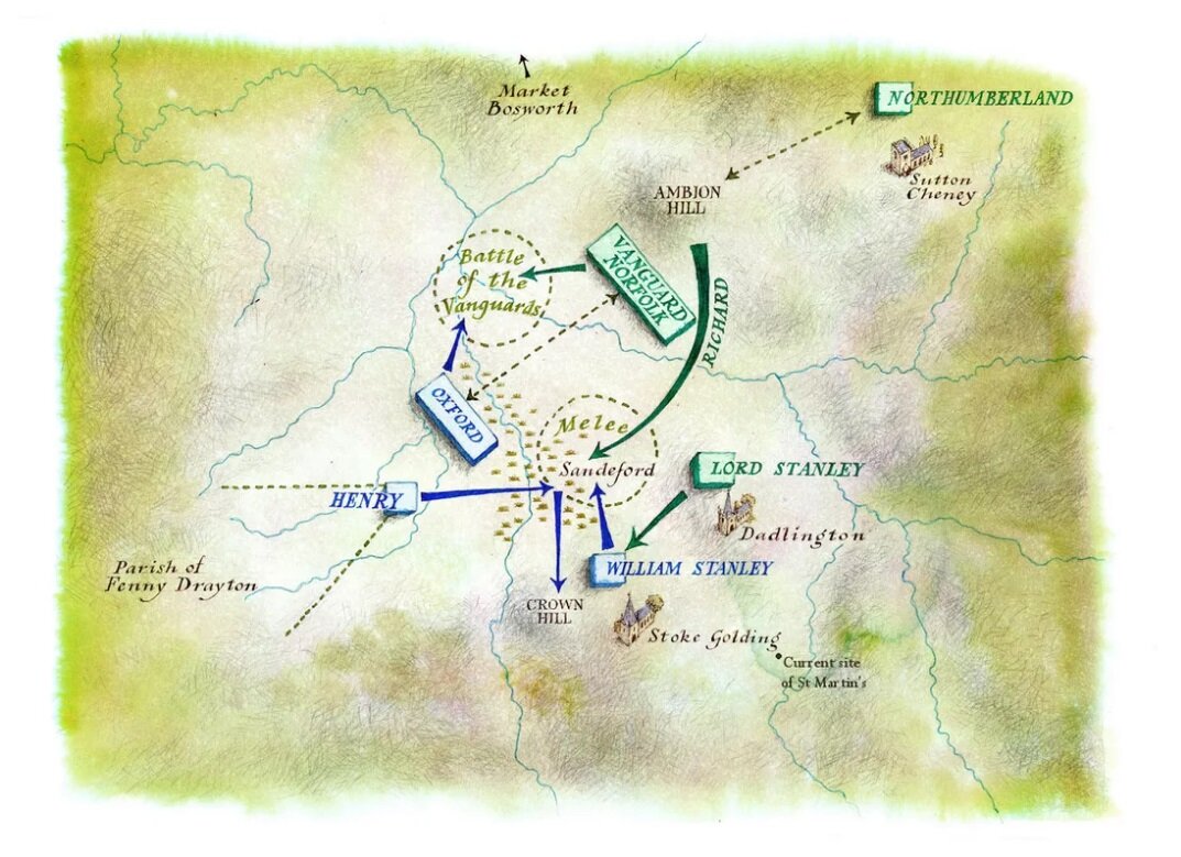 Карта прекрасно описывает расстановку сил. Недостаток один, отряд Ричарда III  атаковал через левый фланг баталии Оксфорда.