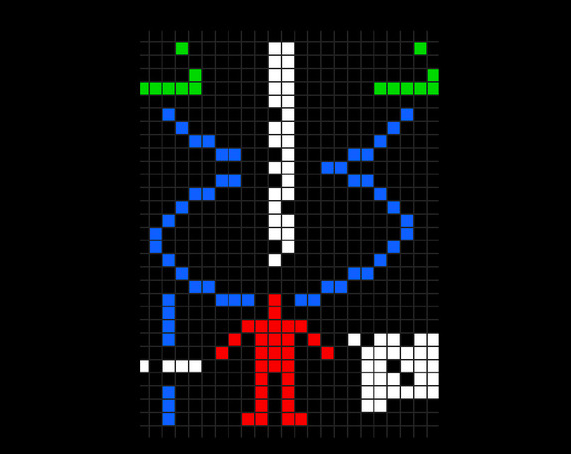 Фрагмент «послания Аресибо». Синим изобржена спираль ДНК, белой вертикальной полосой — приблизительное количество пар нуклеотидов, красным — человек

Wikimedia Commons