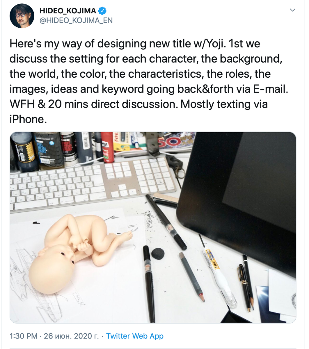 Вот как я работаю совместно с Ёдзи над новым тайтлом. Сначала в переписке мы обсуждаем окружение для каждого персонажа, его прошлое, мир, цвет, характеристики, роли, образы, идеи и ключевые слова. Потом 20 минут обсуждаем все по видеосвязи. В основном переписываемся через IPhone.