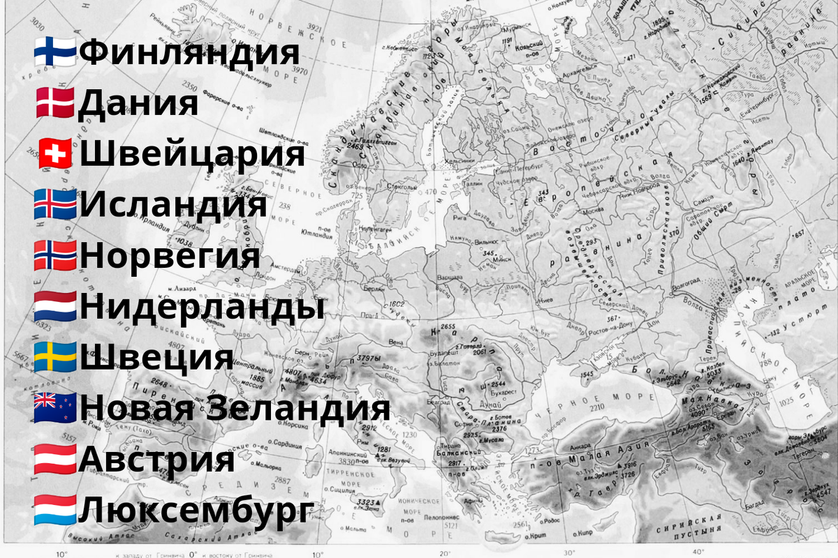 Страны по уровню счастья (от 1 до 10) 