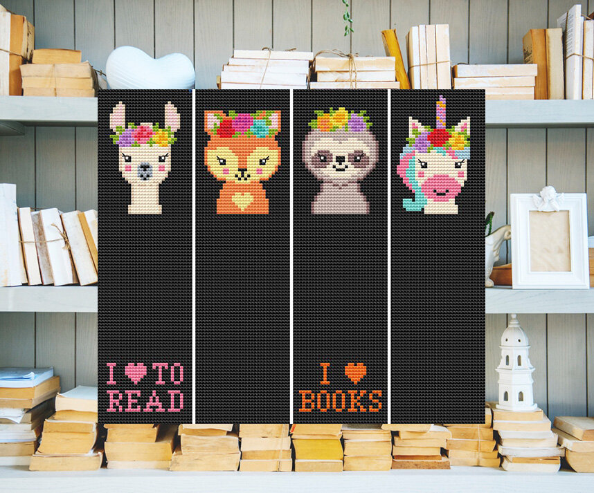 Схемы вышивки закладок для книг . Лама, лиса, ленивец, единорог