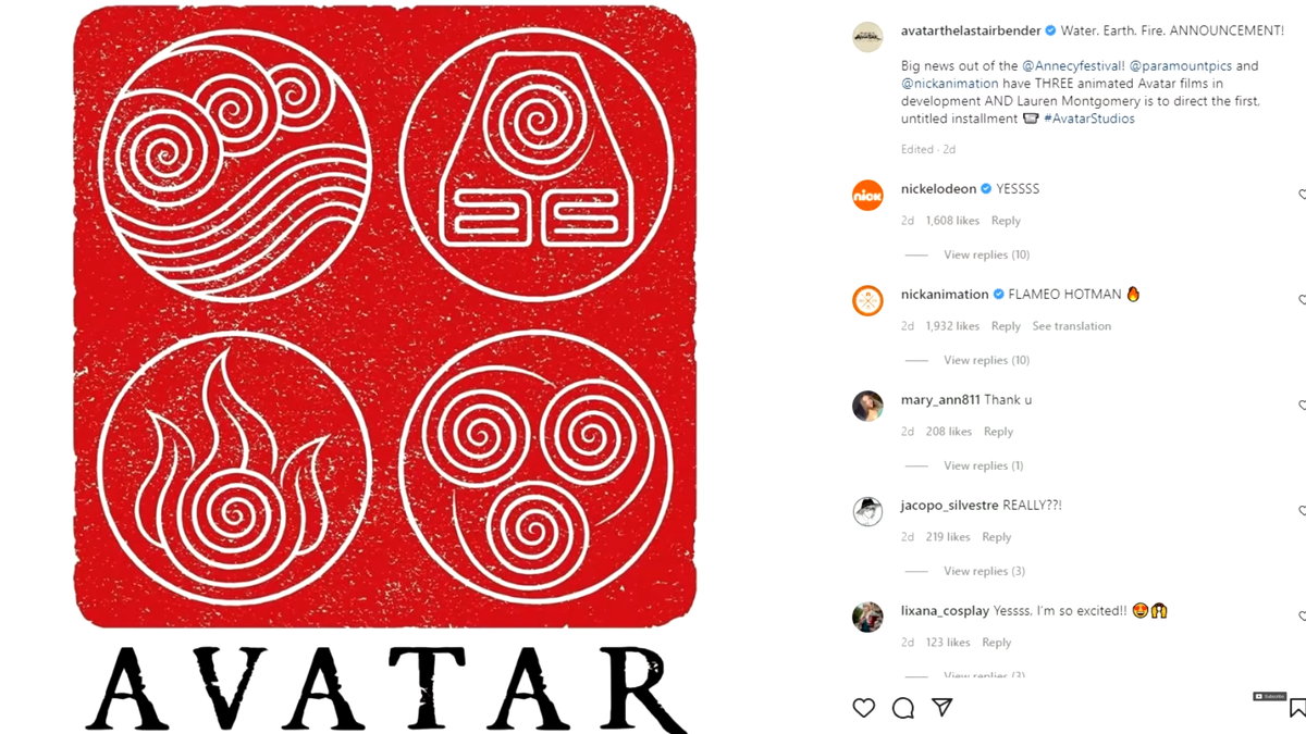 Скриншот официальной страницы Аватара с объявлением о трёх анимационных фильмах.