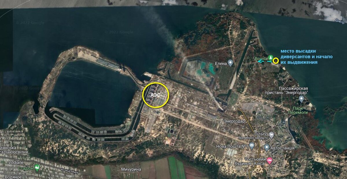 Место высадки первой группы диверсантов и предполагаемое направление движения в направлении основной группы зданий АЭС.