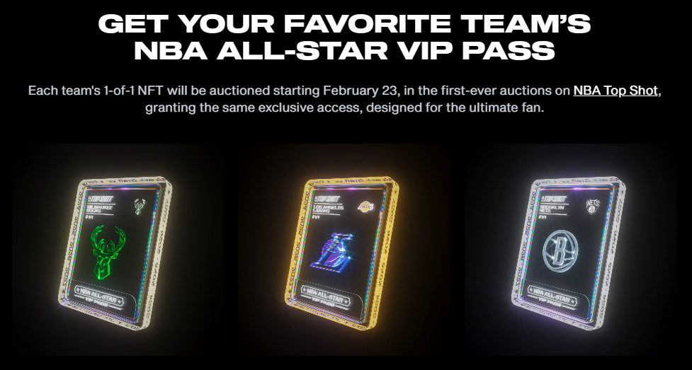 Так выглядят виртуальные пропуски на матч всех звезд NBA. Всего пропусков 30 — по одному на каждую команду. Владельцы пропусков получили не только уникальный предмет в коллекцию, но и VIP-доступ на мероприятие.