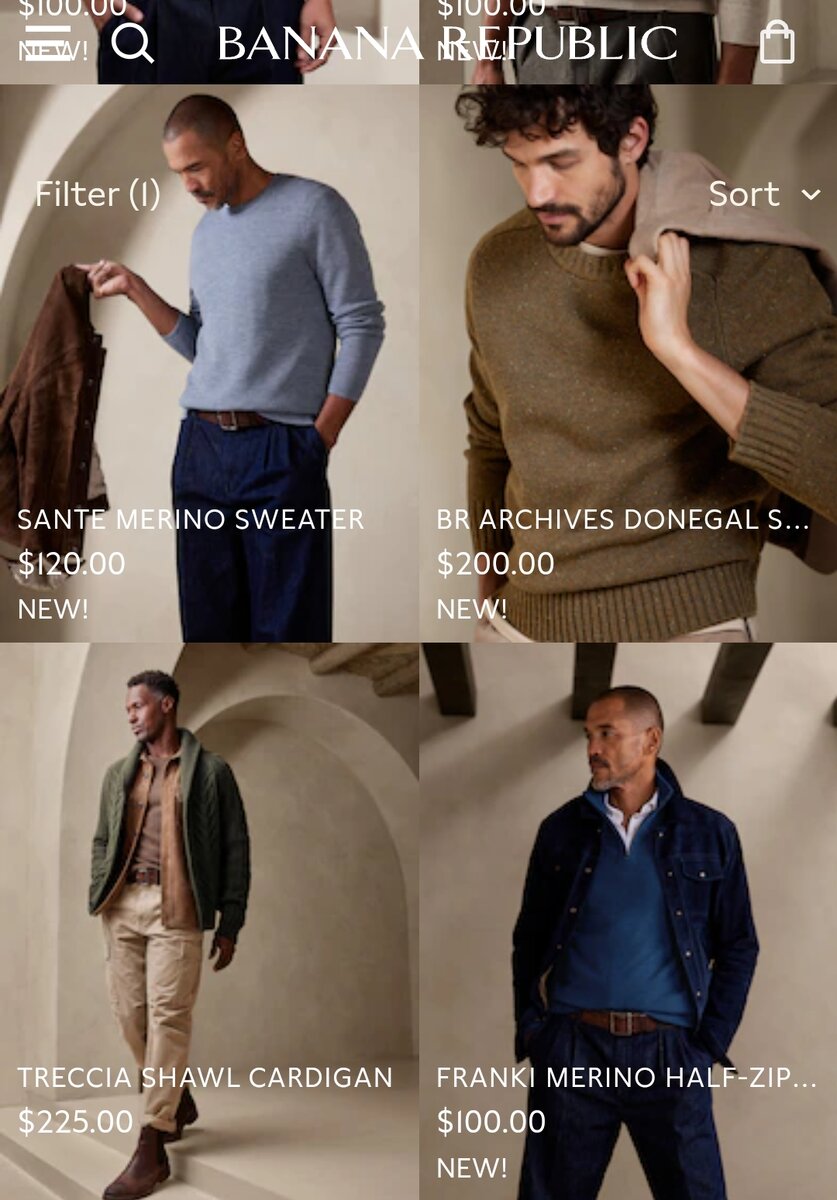 Стоимость пуловеров Banana Republic на официальном сайте бренда.