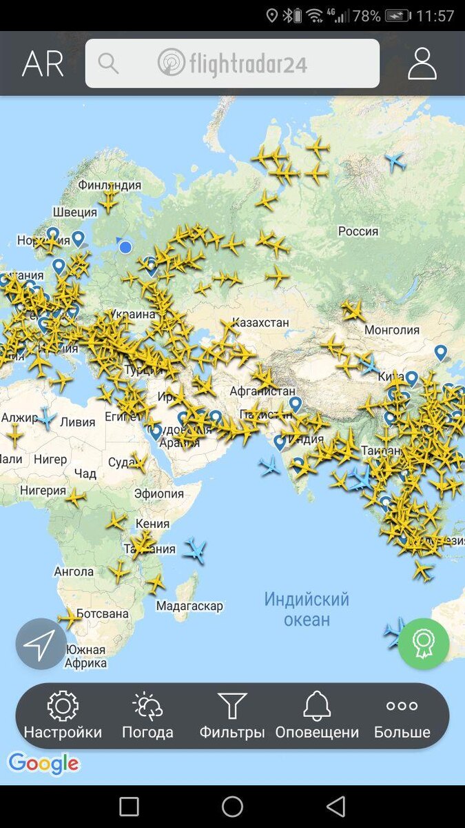 Пассажирские самолёты в воздухе. FlightRadar 12:00 MSK 28/03/20