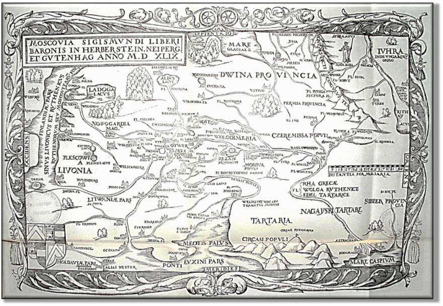 Карта на латинском языке. Описание Московии бароном Сигизмундом Herbestein, в 1549 году. 