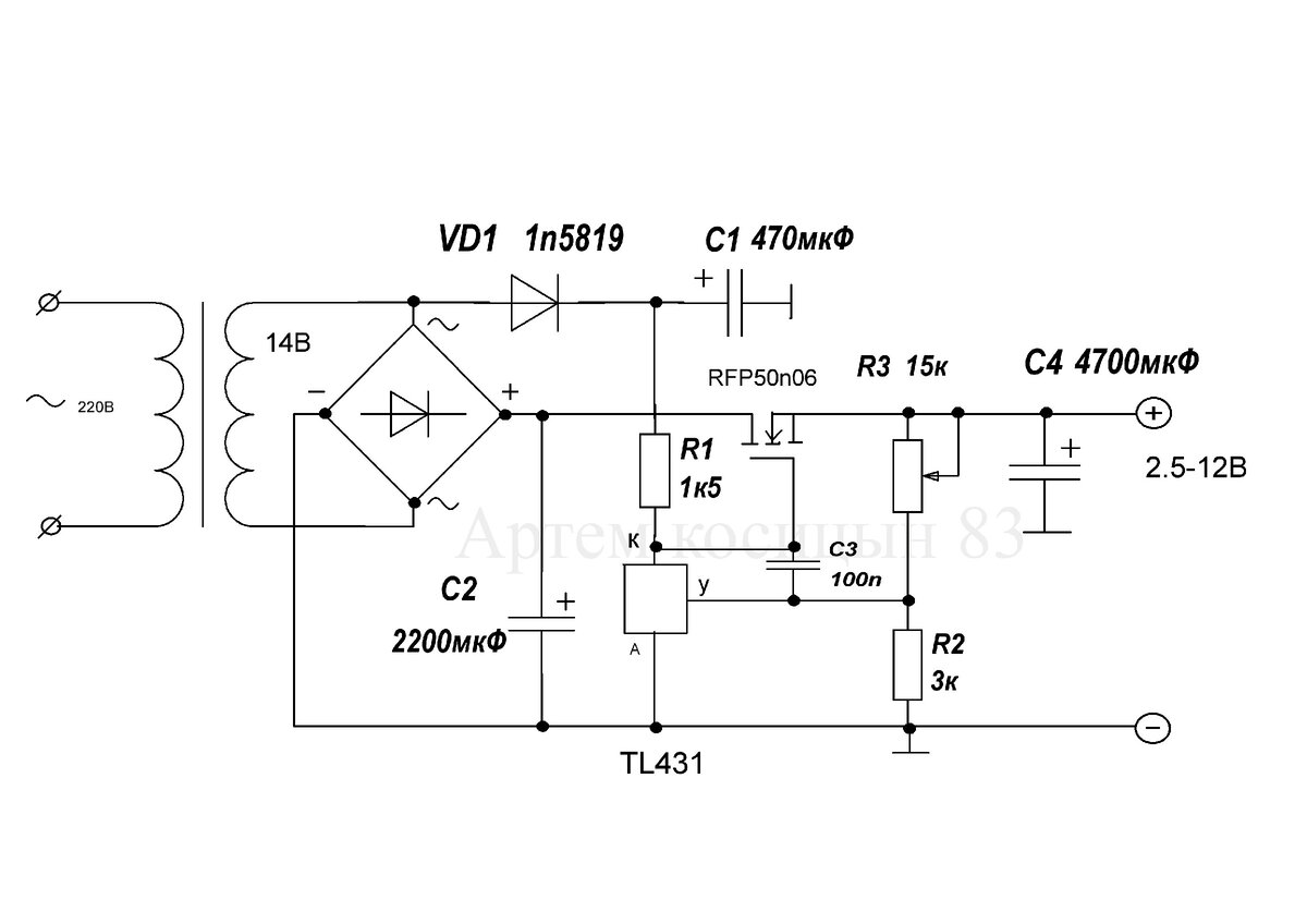 Регулируемый блок питания на tl431 схема