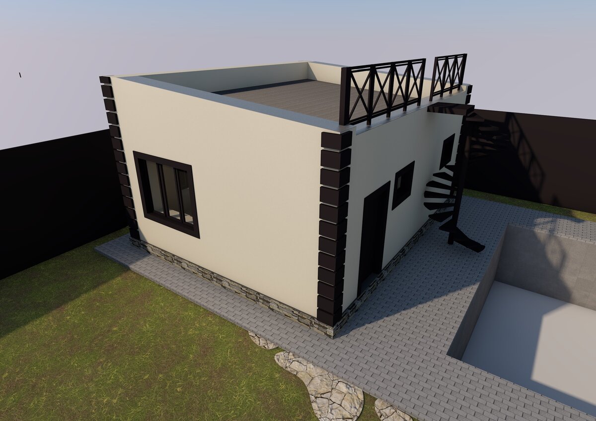 Эскизный вариант бани с эксплуатируемой кровлей и винтовой лестницей