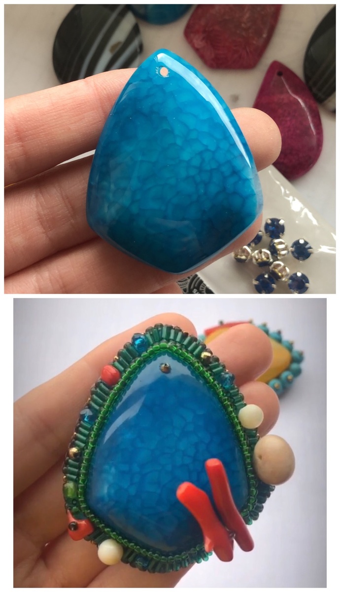 Материалы "До и после": агат, кораллы, перламутр, чешские бусины и бисер.