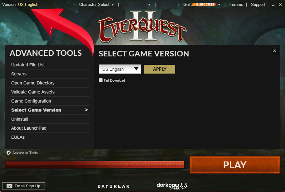 Красной стрелкой указана текущая версия моего клиента игры, это US English, так как я выбрала американский сервер.