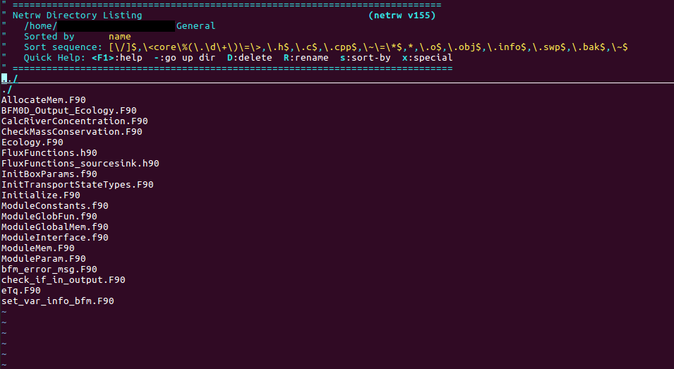 Открыт некий каталог. Режим "узкий". Наверху путь к каталогу, тип сортировки, подсказки. Можно перемещаться по файлам, заходить в каталоги, открыть файл. Есть и файловые операции: удалить, переименовать, скопировать.
