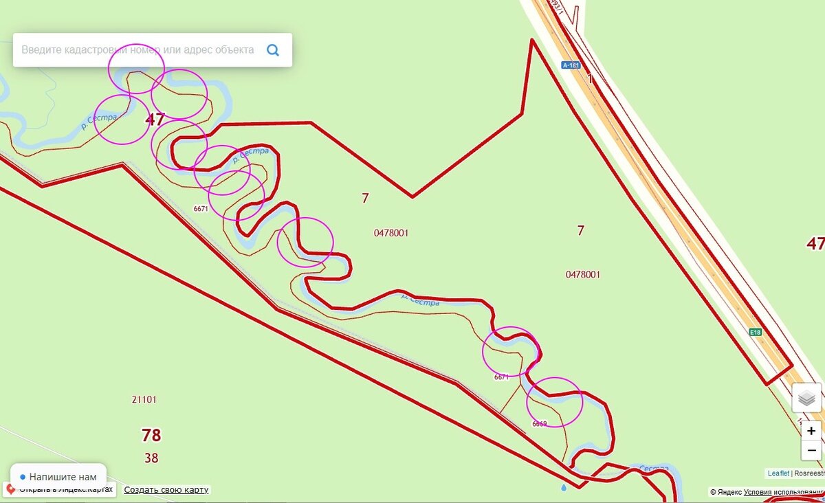 Кругами обведены места, где участки захватывают береговую полосу реки Сестры.