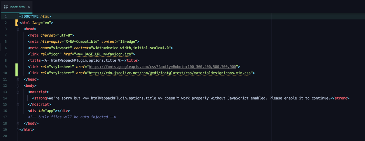Примерно так будет выглядеть html файл после vue create (только без подключения шрифтов)