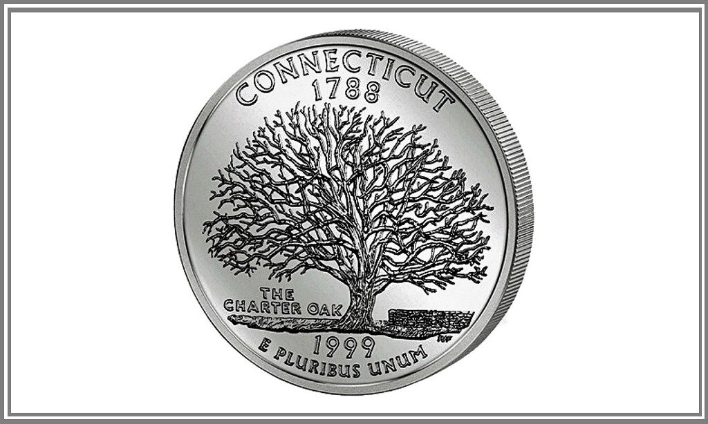 Монета 25 центов, посвященная штату Коннектикут. На ней изображен тот самый дуб с дуплом, вошедший в историю США.
