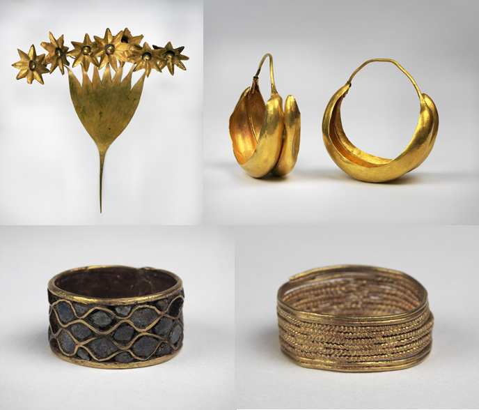 Украшения из гробницы Пуаби: кольца, шпилька, серьги.