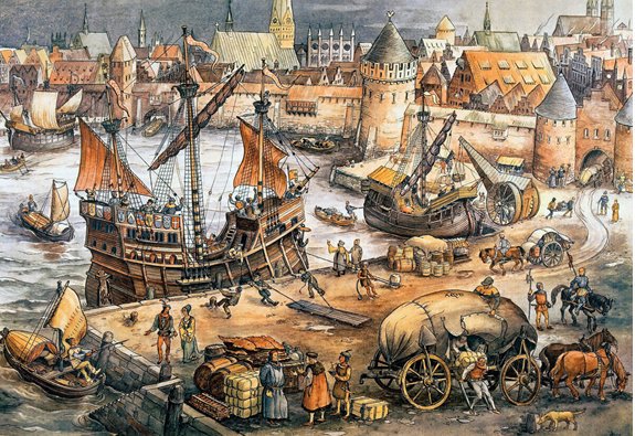 Источник: akg-images.de. Средневековой рисунок "В порту ганзейского города". Крепостные башни, построенные вендами, не случайно напоминают башни русского Пскова и Новгорода