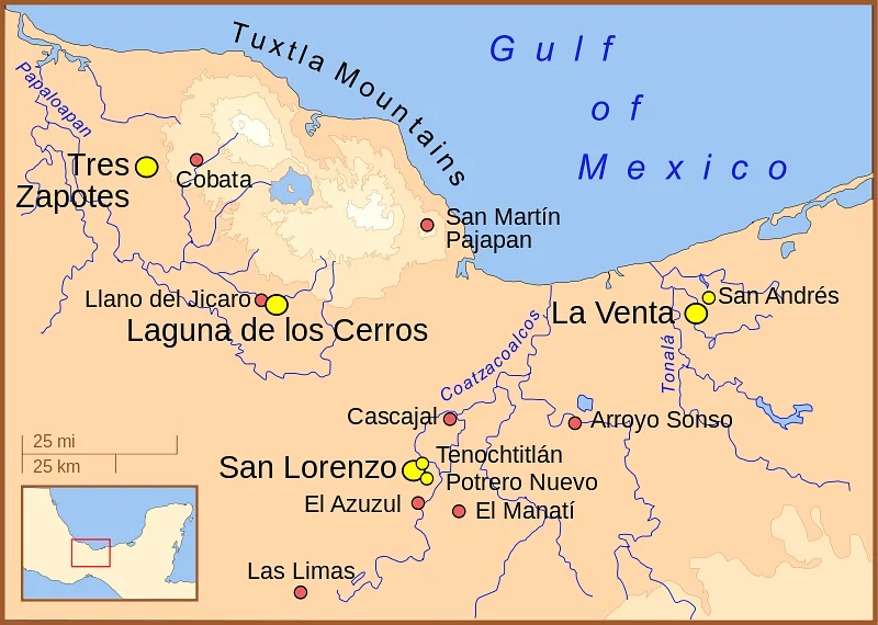 Карта, показывающая основные поселения цивилизации ольмеков в Мезоамерике (современная Мексика), которые процветали с ок. 1200-300 гг. до н.э.