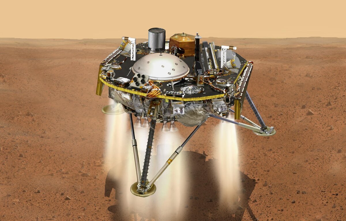 Иллюстрация, показывающая посадку аппарата InSight на поверхность Марса (фото NASA, Общественное достояние)