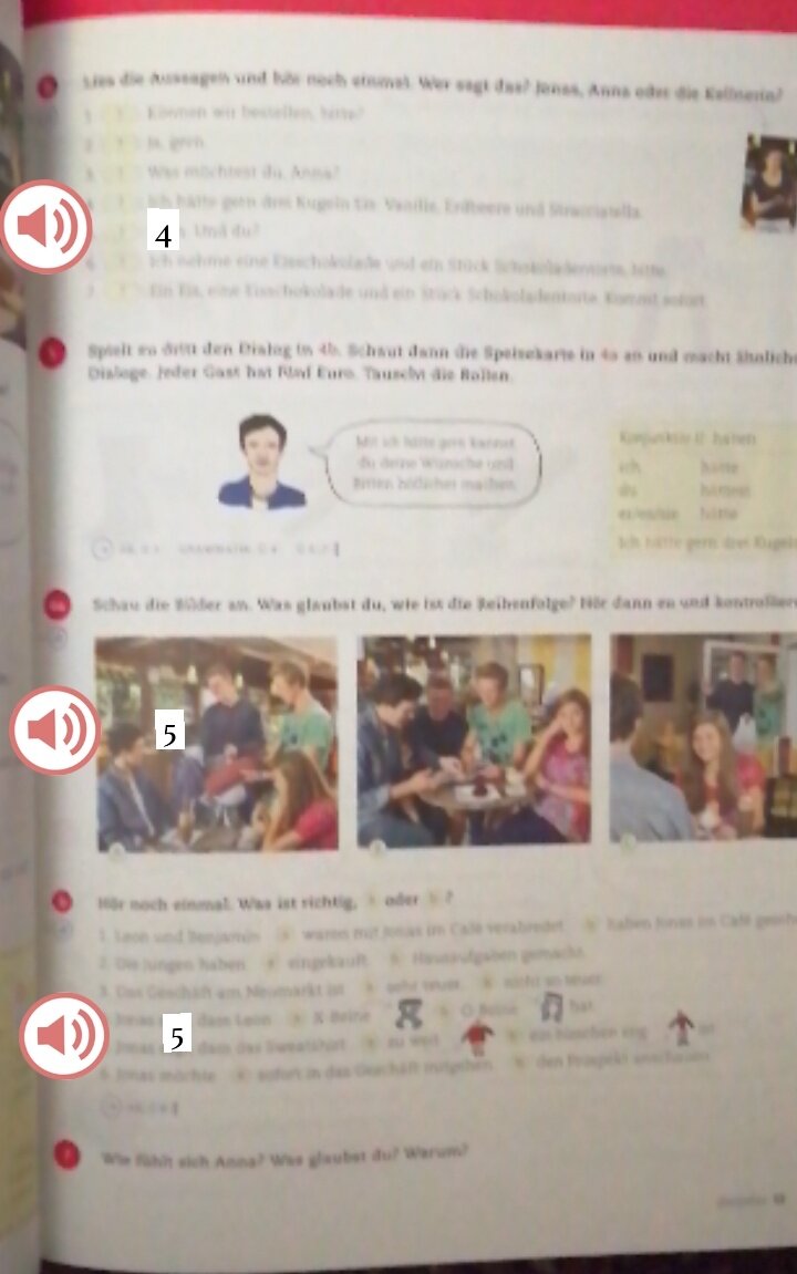 При наведении приложение распознает номера аудио, можно нажать на значок аудио и оно включится. Страница при этом выглядит вот так странно