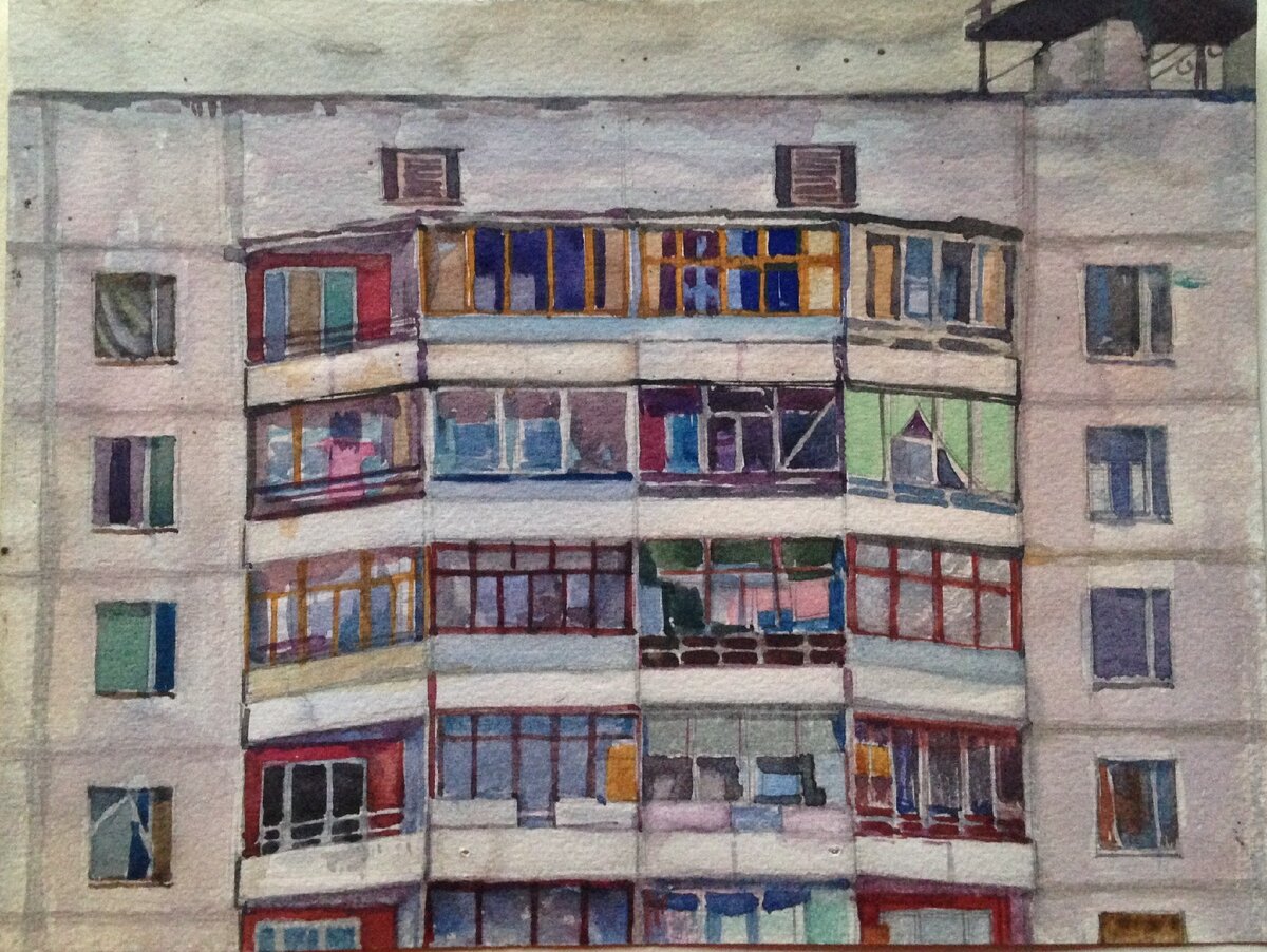 «Московские окна». Эскиз. 2003, 14,2/18,2, бумага, акварель, темпера. Вероника Сукоян