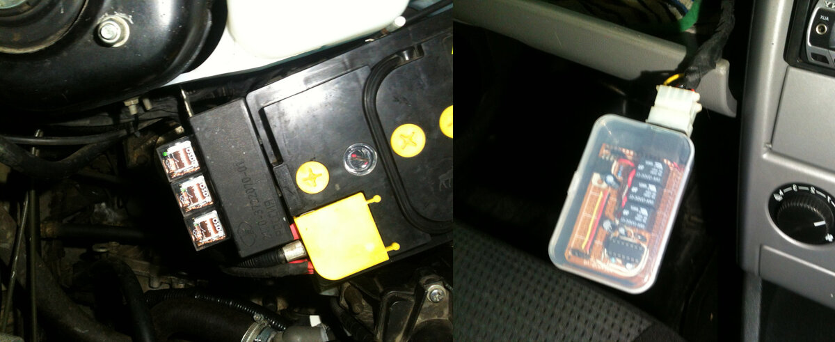 Блок управления с микросхемой расположился в салоне на первое время, для контроля происходящего и в перспективе он был заменен на Arduino для реализации более сложного алгоритма управления. Силовая же цепь осталась как есть - толстый медный провод на плюс и минус, прямо к АКБ через три реле и предохранитель на 80А.