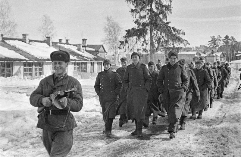 Боец РККА конвоирует колонну немецких солдат, плененных под Москвой. 
