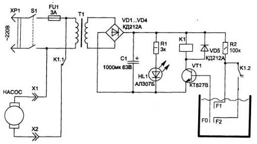 Простая схема устройства для поддержания уровня воды в заданных пределах