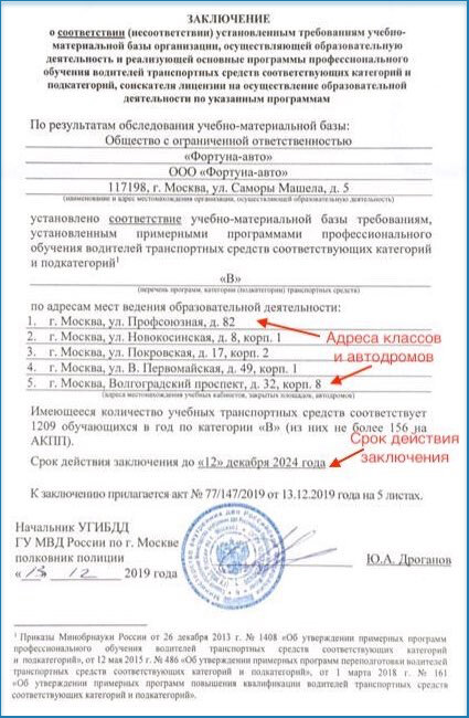 Заключение ГИБДД автошколы Фортуна-Авто