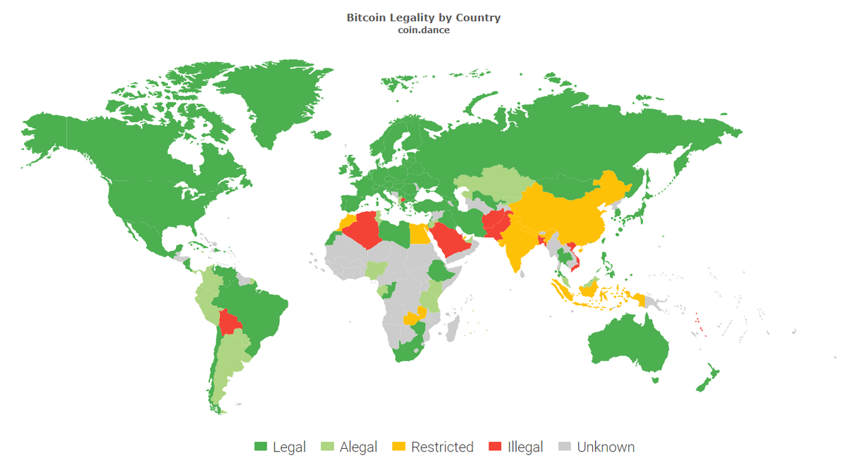 Карта легальности bitcoin, по состоянию на 13 июня 2019 года. Данные CoinDance