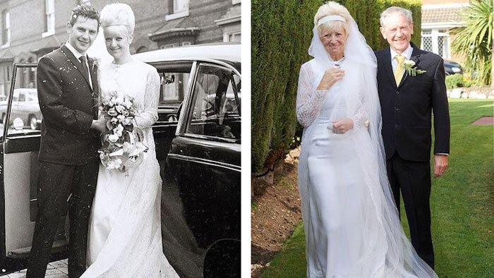 Через 50 лет после свадьбы пара надела свои подвенечные наряды, которыеоказались впору