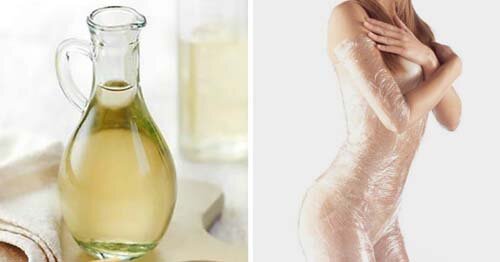 Для  приготовления смеси нам понадобится чистая вода, уксус, эфирное масло  (грейпфрут, мандарин, апельсин). Смешиваем уксус и воду (1:1), добавляем  5-10 капель эфирного масла, тщательно перемешиваем и помещаем бинты в  готовую смесь. Обматывает проблемную зону, и сверху обтягиваем пищевой  пленкой. Больше часа держать не стоит, достаточно 50-60 минут. По  завершению можно усилить эффект антицеллюлитным кремом или увлажняющим.