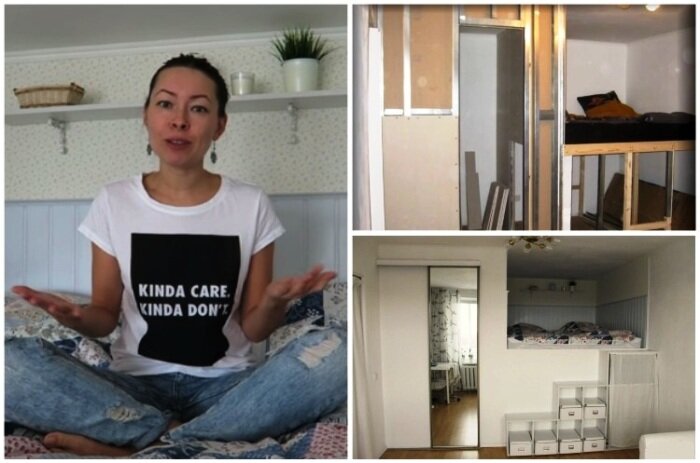 Чтобы не загромождать «однушку» большими шкафами и кроватью, Анна решила создать многофункциональную зону. | Фото: youtube.com/ Anna_Studio.