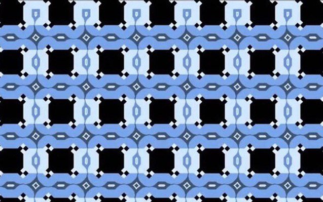 1. На первый взгляд кажется, что голубые линии имеют наклон относительно друг друга. На самом деле, они строго параллельны, а обманчивый эффект создаётся благодаря комбинации цветов.