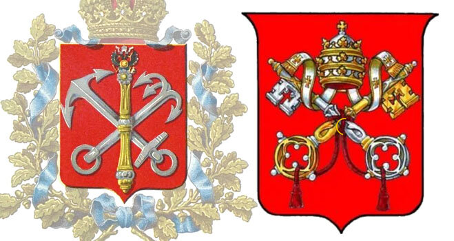 Герб Санкт-Петербургской губернии  и герб Ватикана бок о бок.  Действительно очень похоже.
