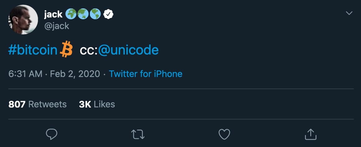 Твит Дорси, показывающий эмодзи биткоина. Источник: Твиттер