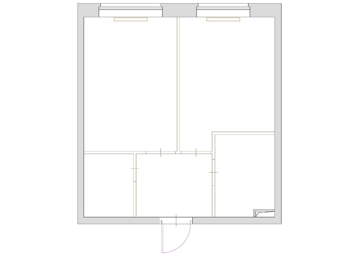 План до перепланировки квартиры 33,6 кв. м. Ванная комната  - внизу справа. Кухня вверху справа. Стояк канализации расположен в общественном коридоре (по плану внизу справа от входной двери).