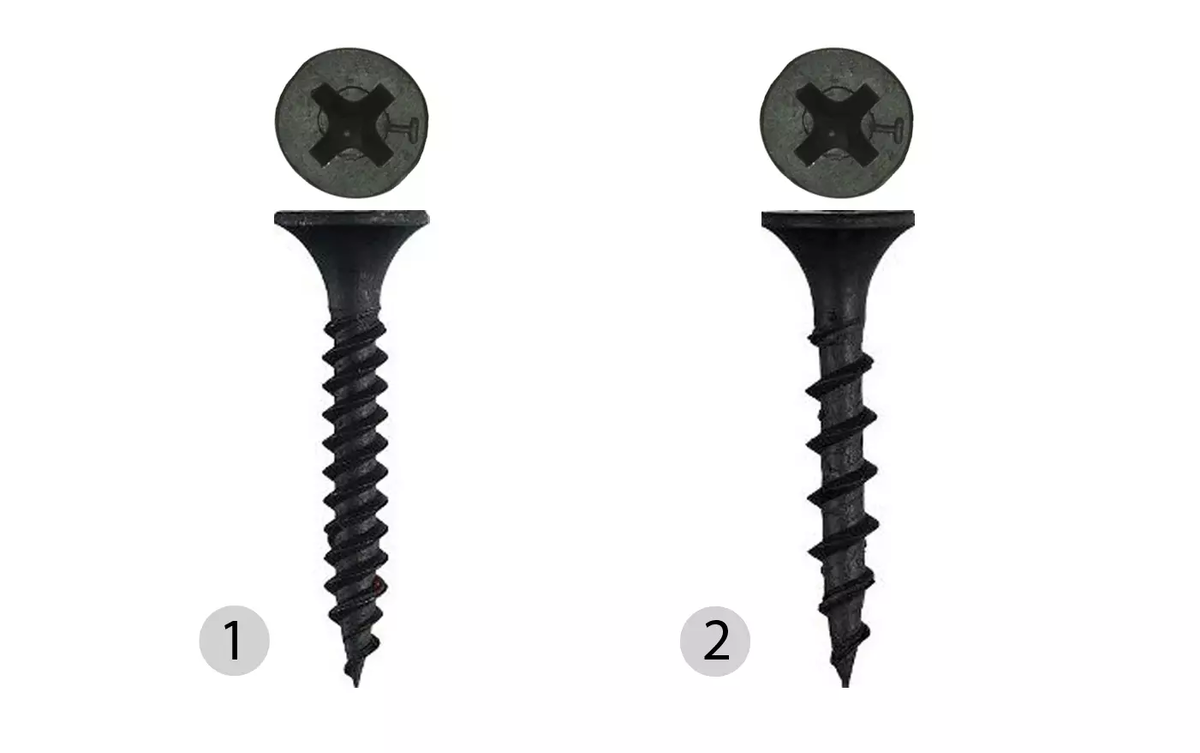 1 - саморез по металлу, 2 - саморез по дереву. Источник изображения: otdelka-expert.ru