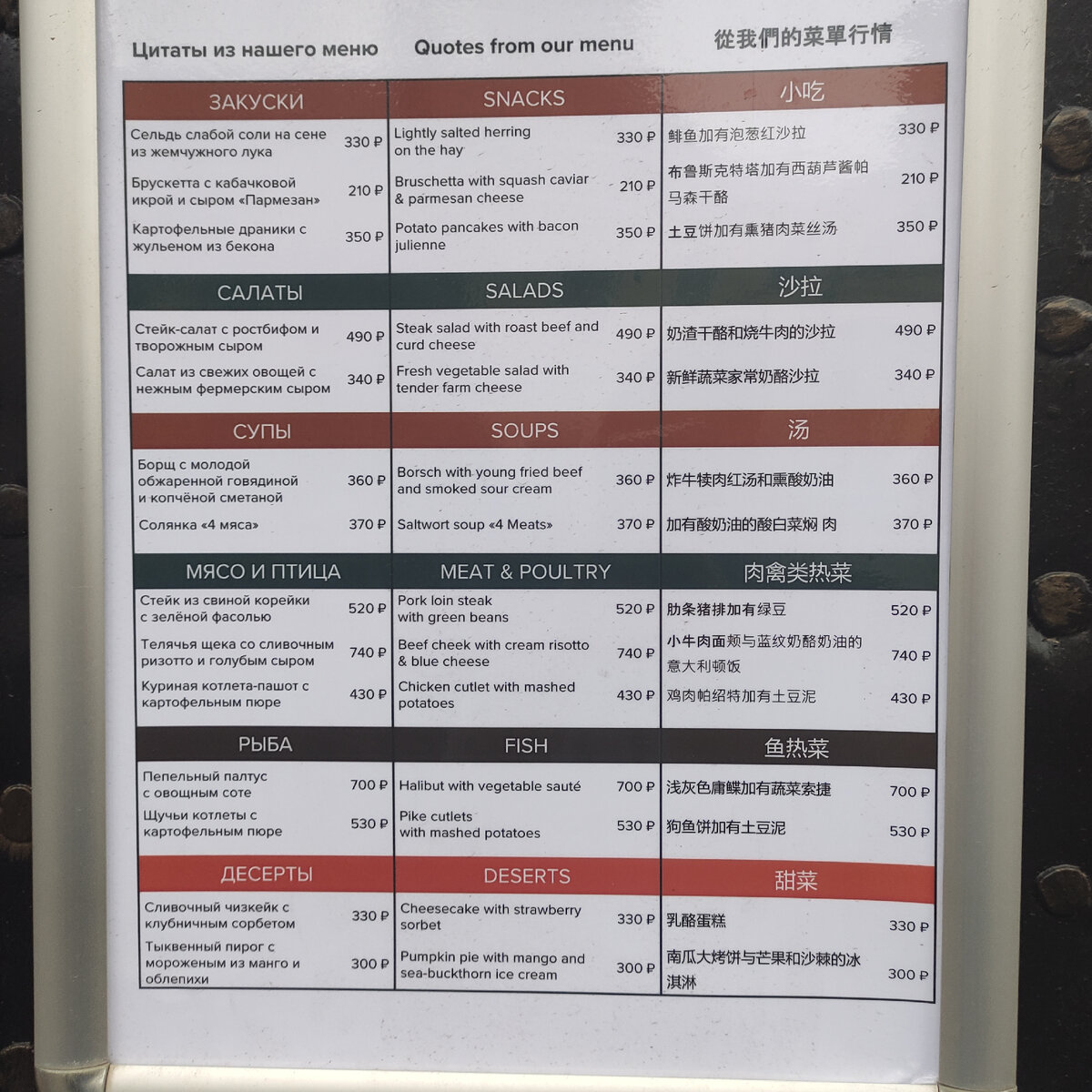 Цены в одном из кафе Суздаля.