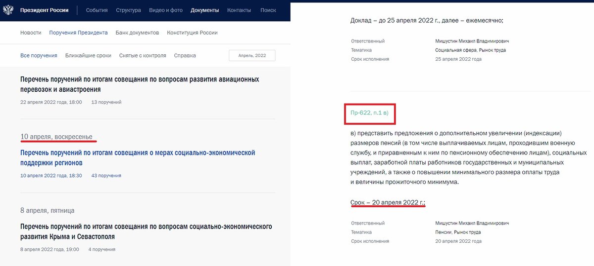 скриншот поручений В. Путина от 10.04.2022 г. из раздела "Поручения" с официального сайта Кремля