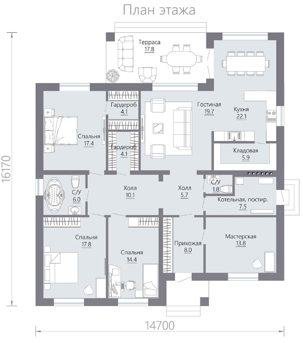 План первого этажа. Источник изображения: канал "Arh-For готовые проекты" (https://zen.yandex.ru/arh_for), Яндекс Дзен.