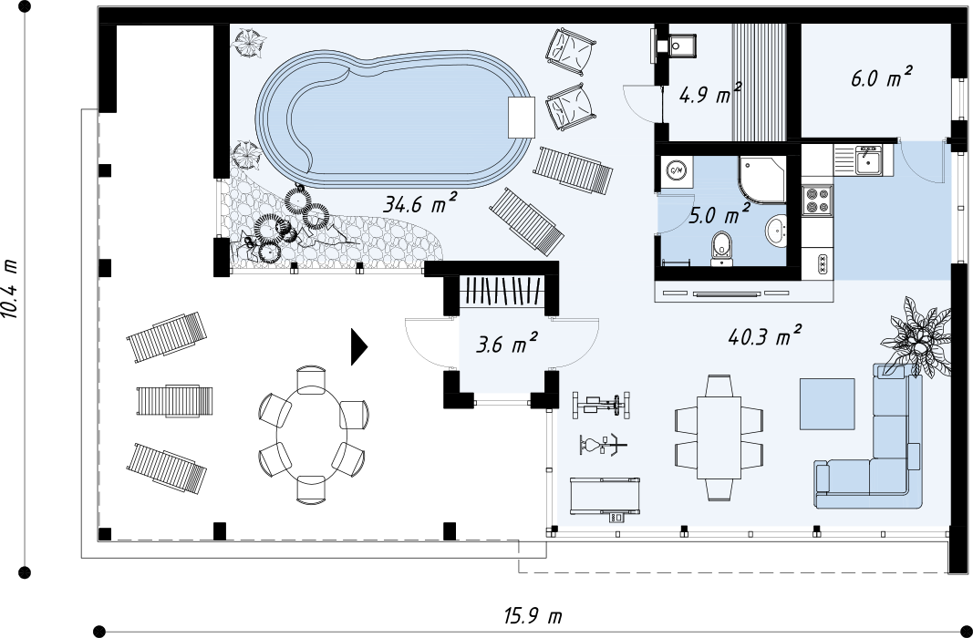 Одноэтажный загородный дом 10х16 м, с баней, бассейном и террасой, общей площадью 108 кв.м.