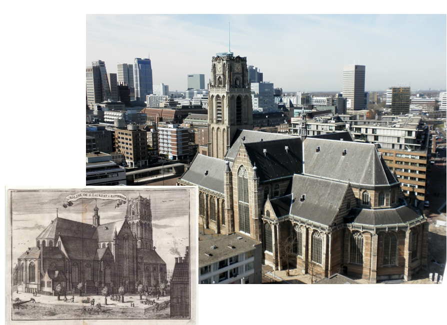 Sint-Laurenskerk на старинной гравюре (marktplaats.nl) и в современном пейзаже (https://laurenskerkrotterdam.nl/)